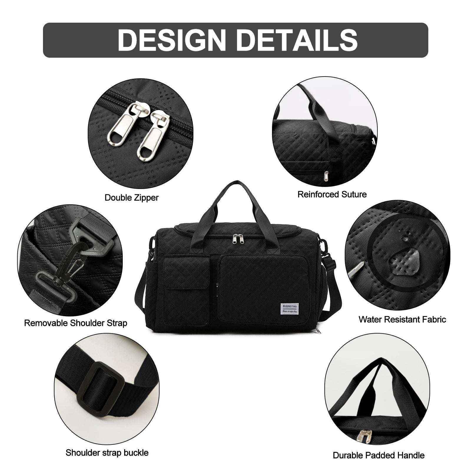DAKIMOE Travel Duffle Bag for Women Men, Weekender Bags Carry on Gym Bag with Wet Pocket/Adjustable Strap/Shoe Compartment, Foldable Waterproof Overnight Tote Bag for Plane Sports Dance, Black