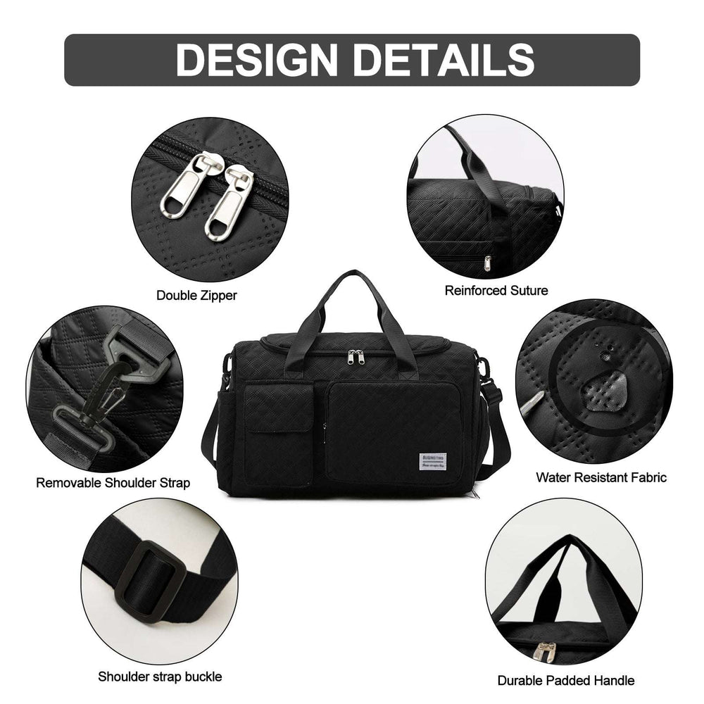 DAKIMOE Travel Duffle Bag for Women Men, Weekender Bags Carry on Gym Bag with Wet Pocket/Adjustable Strap/Shoe Compartment, Foldable Waterproof Overnight Tote Bag for Plane Sports Dance, Black