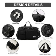 Black quilted duffel bag with double zipper, reinforced stitching, padded handle, removable strap