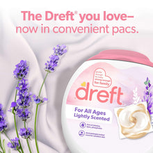 Dreft baby laundry detergent jug with lavender flowers and convenient pods graphic.