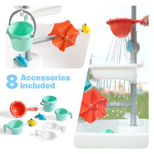 Splash table accessory set: orange umbrella, teal cups, small parts, and gray tray