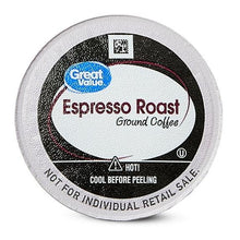 Espresso roast ground coffee pod, dark lid with Great Value logo and roast text