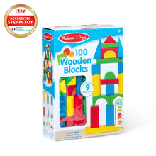 Melissa & Doug 100 Wooden Blocks box set with multicolored wooden block pieces.