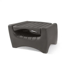 Dark gray patio chair with slatted back, cushioned seat, and rounded base