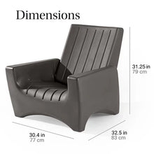 Dark gray patio chair with slatted back and contoured armrest design