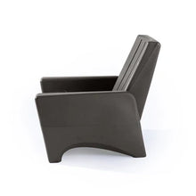 Dark gray patio chair with angled back and wide, curved front armrests