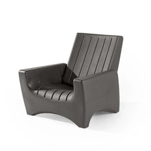 Dark gray patio chair with slatted back, cushioned seat, and wide armrests