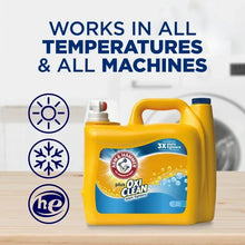 OxiClean detergent jug with works in all temperatures and all machines icons.