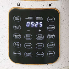 Speckled white pressure cooker touch control panel with illuminated timer display
