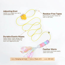 Multicolor hanging cat toy with feather worm lure and adjustable loop strings