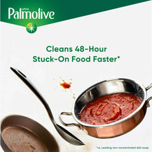 Cookware with stuck-on food and utensils, with dish-cleaning claim text