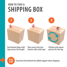 Cardboard shipping box with taped flaps and sealed top, shown in three steps