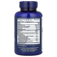 Supplement facts label on blue plastic supplement bottle, back view, capsule dietary info