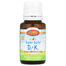 Amber liquid vitamin bottle with white cap, kid's D3 + K2 drops label