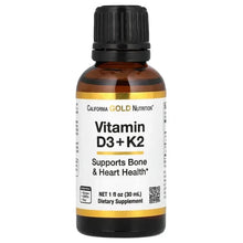 Vitamin D3 + K2 supplement bottle with black cap and amber liquid