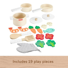 Wooden pots and pans set with 19 play pieces, pots, pans, utensils and food