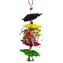 Colorful crinkle bird toy with layered ribbon strands and bead accents on a metal hook