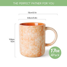 Orange speckled ceramic mug with side handle, shown with size outline