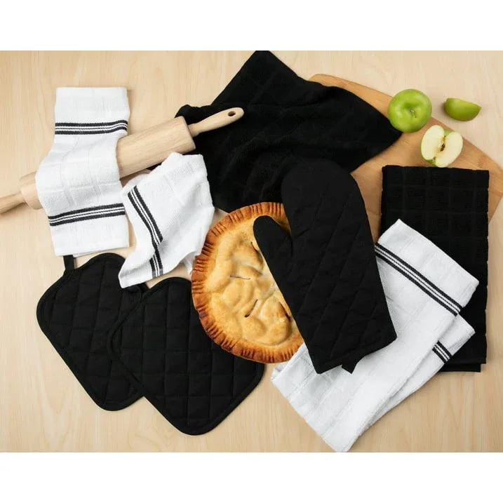 Mainstays 8-Piece Cotton Kitchen Towel, Dishcloth, Oven Mitt, and Pot Holder Set, Black - USA MEGA SHOP