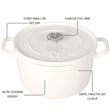 White enameled cast iron Dutch oven with lid knob and loop side handles