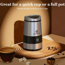 LINKChef coffee grinder on a wooden tray for quick cups, stainless and black design