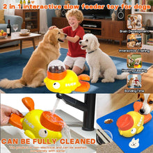 Duck-shaped 2-in-1 interactive dog feeder toy with orange tail lever and yellow body