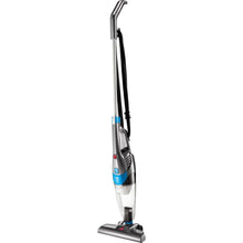 BISSELL stick vacuum with upright tube, blue accents, and wide floor brush head