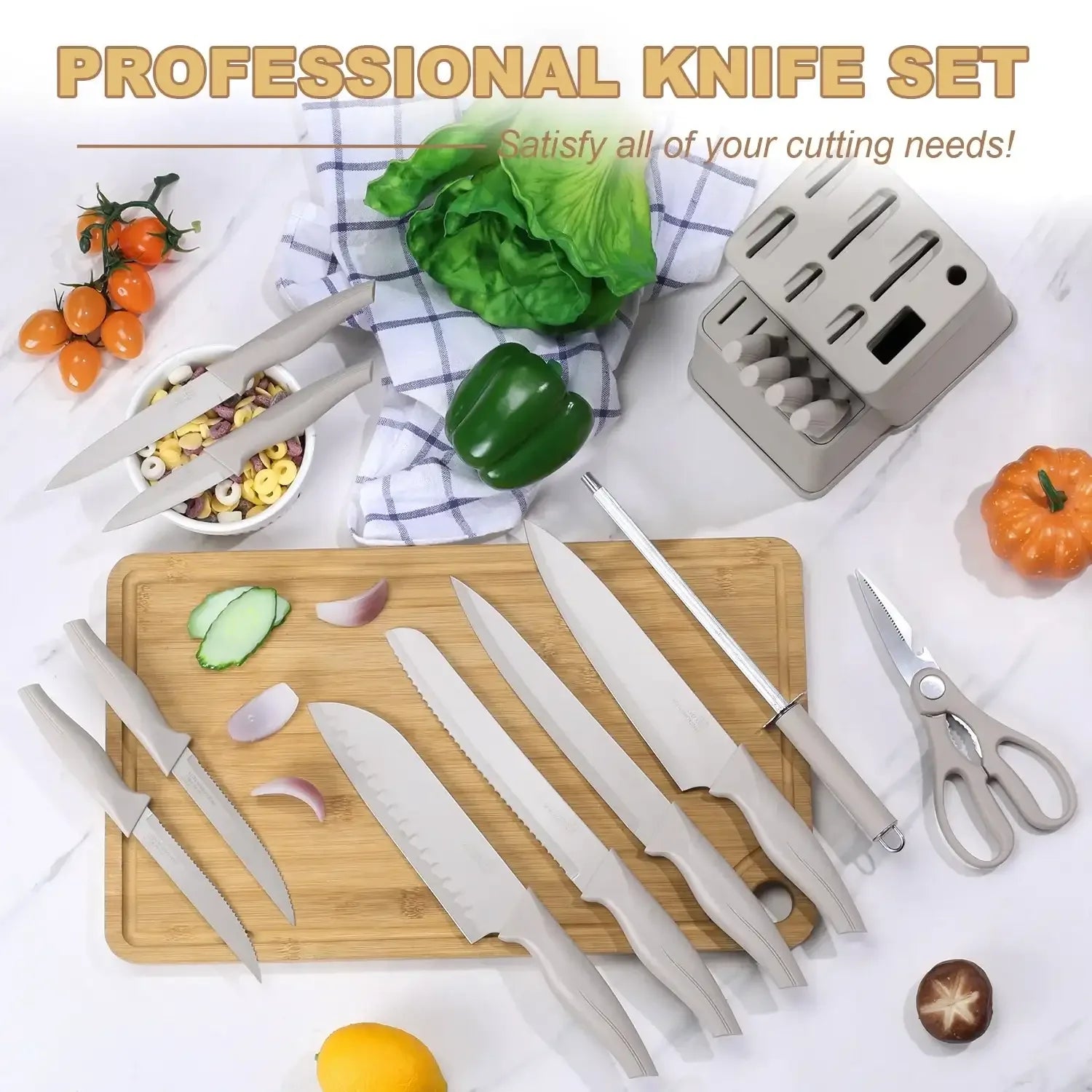 Vesteel Knife Set for Kitchen with Block, 15 Pcs High Carbon Stainless Steel Kitchen Knife Set with Self Sharpening - USA MEGA SHOP