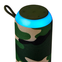 onn large rugged camo speaker top with controls and blue LED light ring