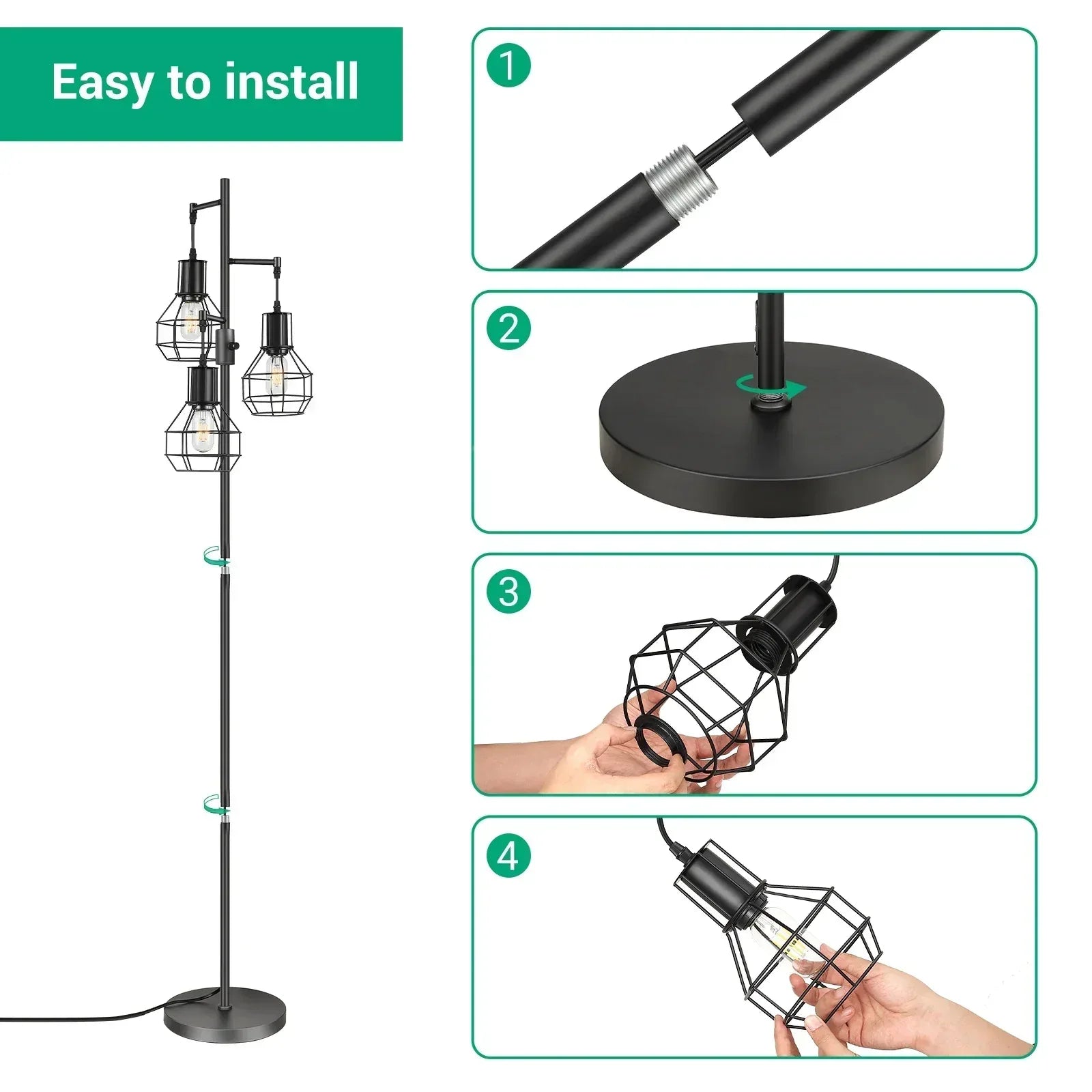 EDISHINE 65IN Farmhouse Industrial Black Floor Lamps for Living Room, Dimmable, Metal Standing Tree Lamp for Bedroom, Office, Home Decor, Lighting, 3 LED Bulb Included - USA MEGA SHOP
