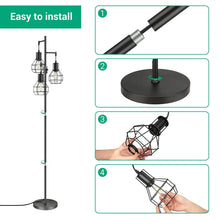 Black standing floor lamp with assembly steps shown for the metal pole and base