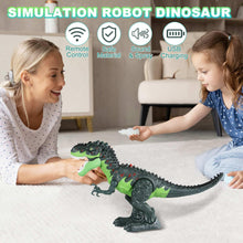 Green and dark gray RC dinosaur robot toy with flame spray, held during play