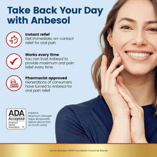 Anbesol oral pain relief liquid with ADA accepted badge and smiling woman