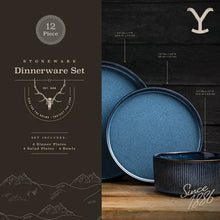 Stoneware dinnerware set with large plate, bowl, and ribbed cup in blue