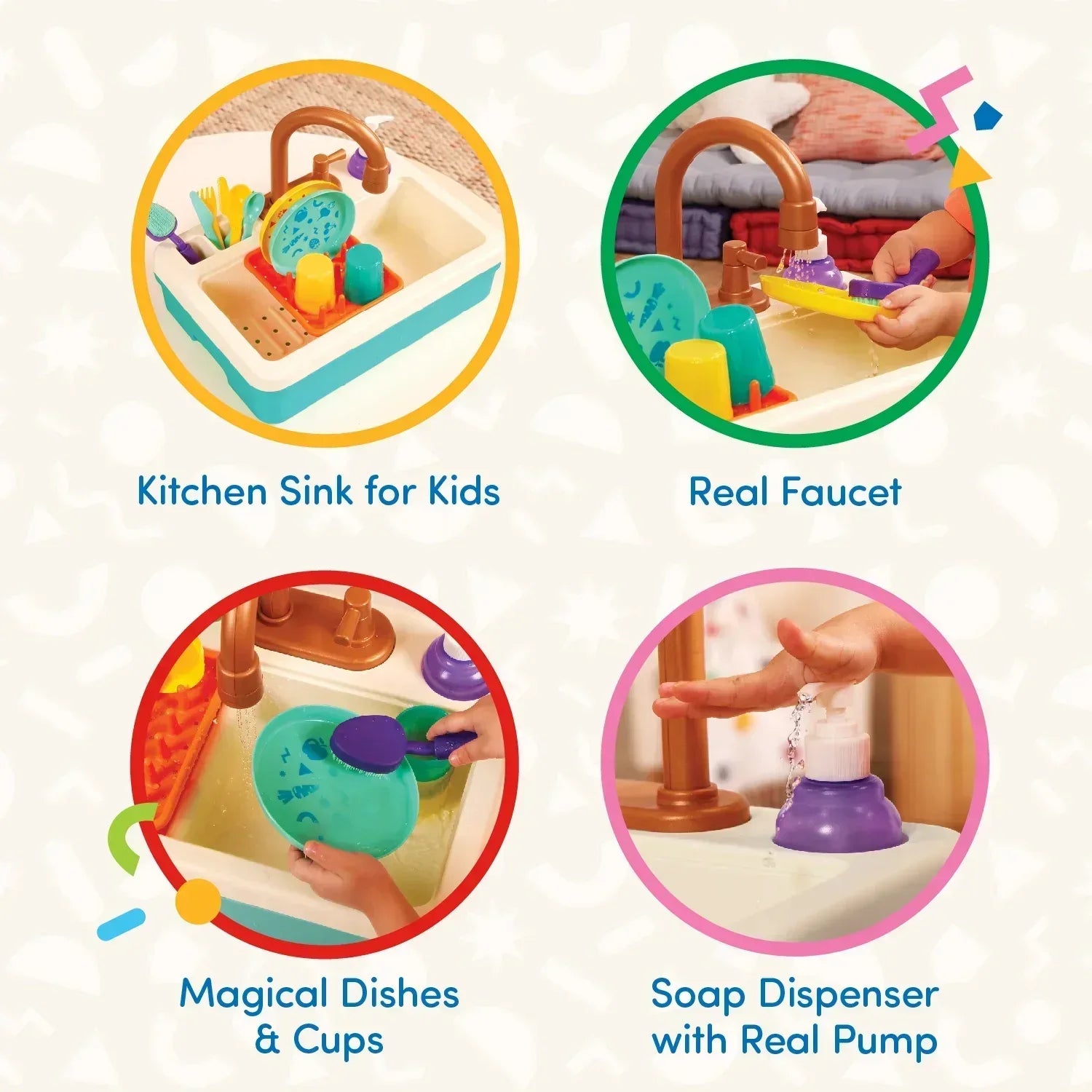 Battat Splash & Sparkle Sink Plastic Real Faucet and Magic Dishes, Toddler and Preschool Toys