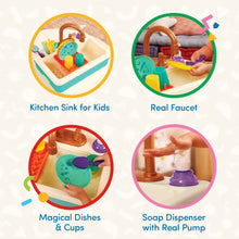 Toddler sink toy feature icons showing sink, magical dishes, and soap pump
