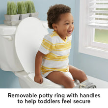 White toddler potty chair with teal ring, handles, and contoured seat