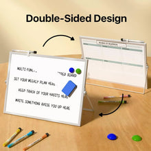 Double-sided desktop dry erase whiteboard with two panels, markers, and colored magnets