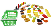 Play food basket set with green shopping basket and scattered assorted plastic food pieces.