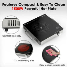 Electric single-burner hot plate with black ceramic glass cooktop, stainless body, and control knob