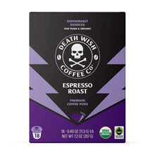 Espresso roast coffee pod box front with skull logo and 18-count badge