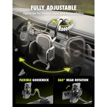 Car vent phone mount with swiveling head and flexible gooseneck for viewing angles