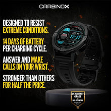 Black rugged waterproof smartwatch with round touchscreen and sport strap