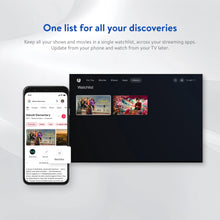 TV Watchlist screen with phone app showing saved movies and shows