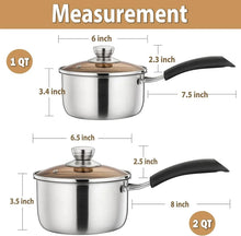 Stainless saucepan set with glass lids and black handles, size diagram view