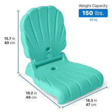 Teal kids flip seat with shell-shaped back and wide seat, front view with guide lines