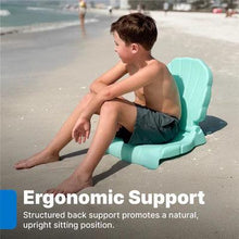 Kids flip seat with shell back, teal molded plastic, child sitting by the water