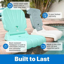 Teal kids flip seat with molded shell back and seat, close-up underside view