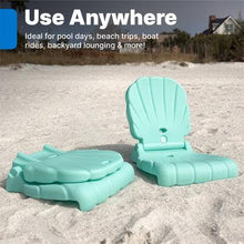 Two teal kids flip seats with shell backs, folded flat for portable use