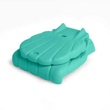 Teal kids flip seat, shell back folded down, molded plastic body
